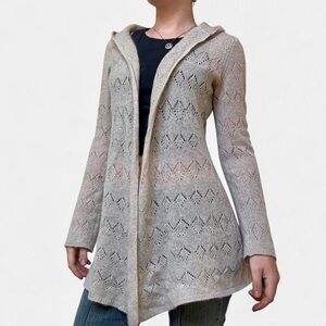 Cynthia rowlney cream cashmere pointelle hooded cardigan